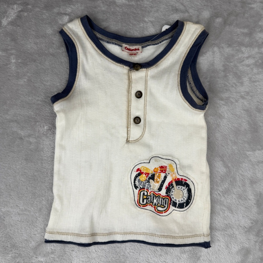 Catimini Kids Ribbed Henley Tank Top Motorcycle Graphic Off White Navy 6M 67cm